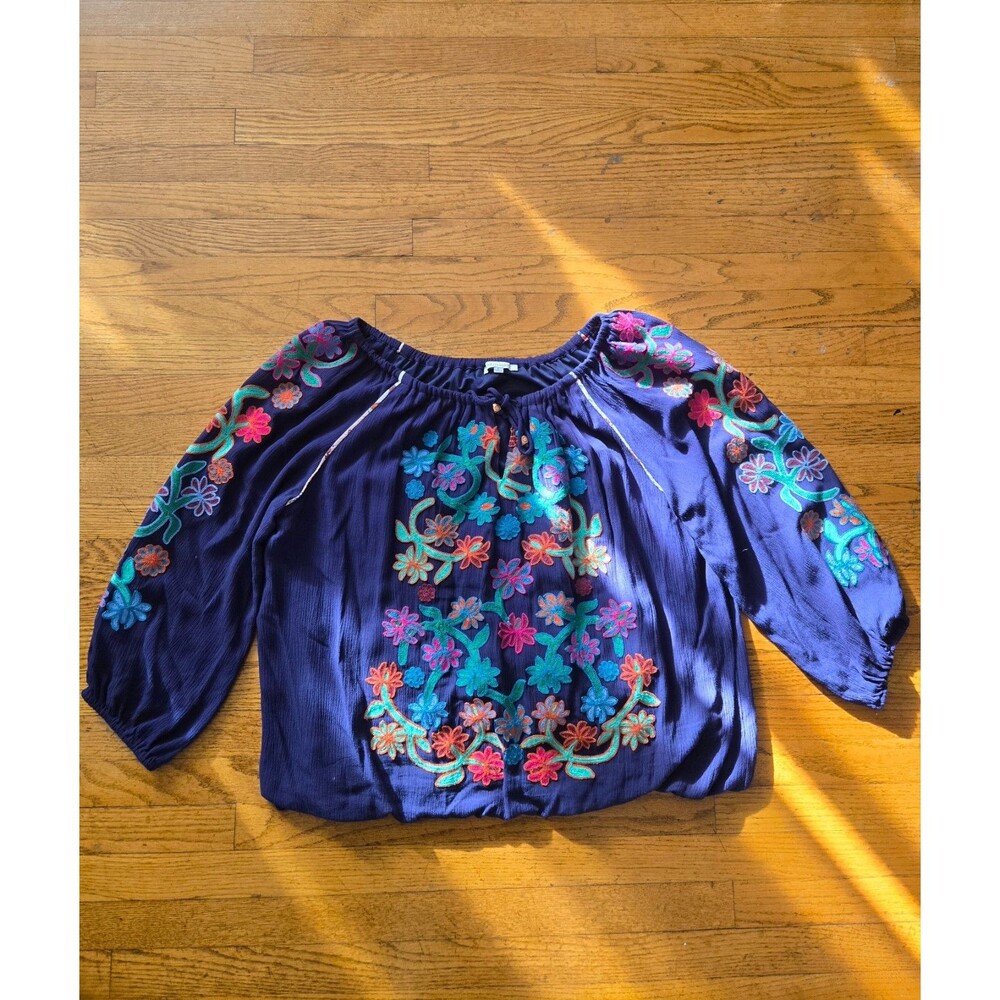 John Mark Blue Floral Embroidered Blouse Top Boho Artsy Peasant Size Large